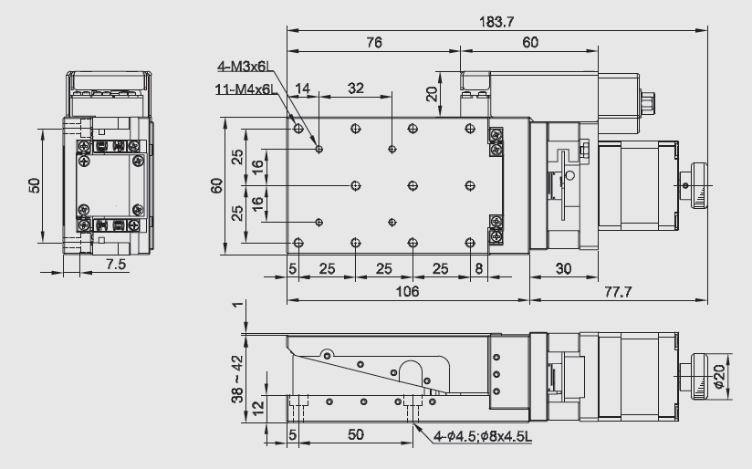 Mechanical Drawing of Motorized Linear Vertical Stages, Range of Travel 4 mm