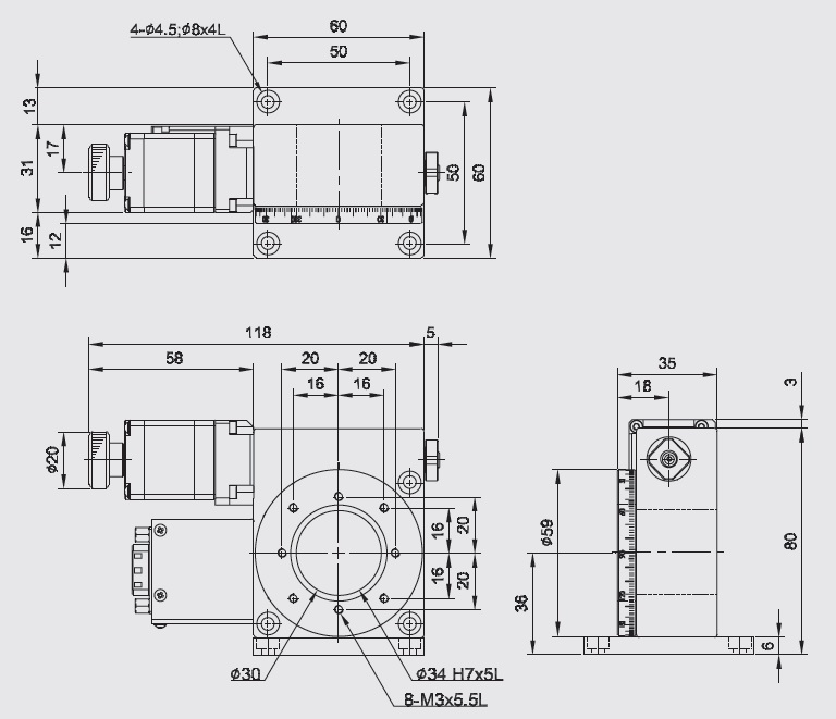 Mechanical Drawing of Hollow Core Motorized Vertical Rotation Stage, Stage Diameter: 2.322 in (59 mm) 