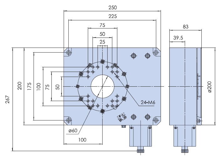 Mechanical Drawing of Hollow Core Motorized Rotation Stage, Stage Diameter: 7.874 in (200H mm)