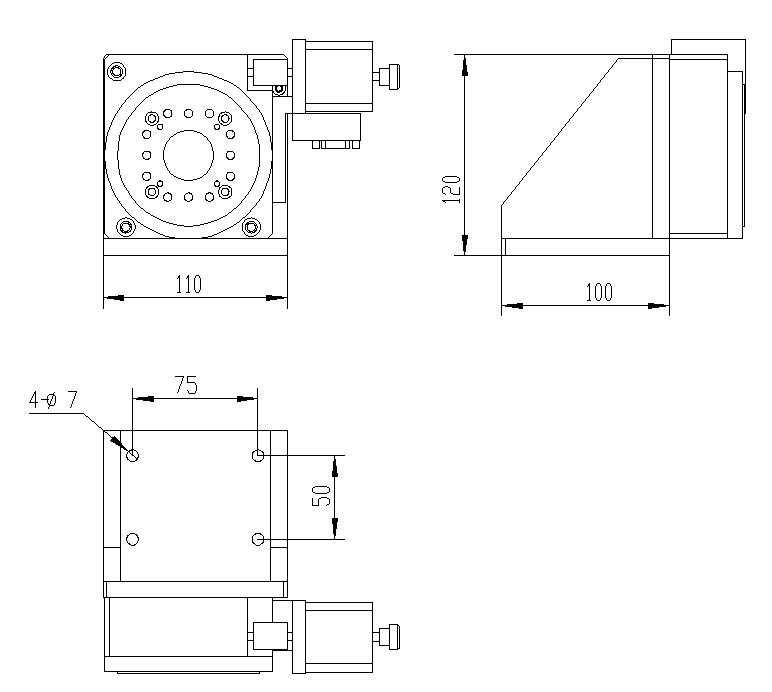 Mechanical Drawing of Hollow Core Motorized Vertical Rotation Stage, Stage Diameter: 3.937 in (100 mm)