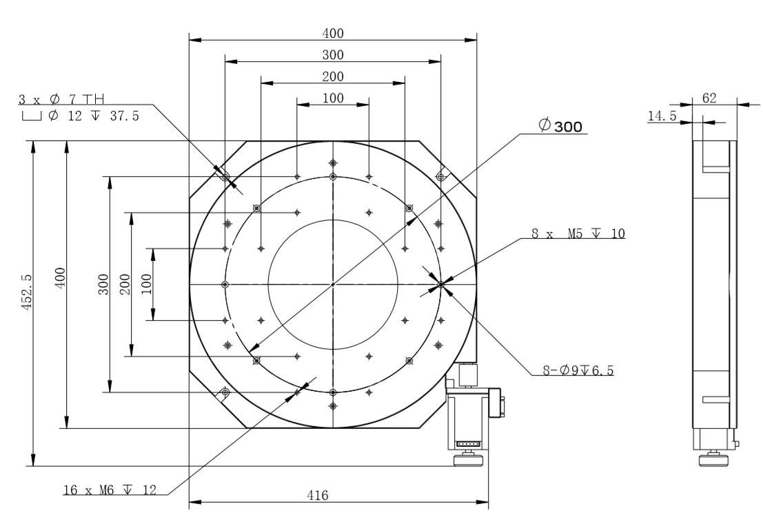 Mechanical Drawing of Hollow Core Motorized Rotation Stage, Stage Diameter: 15.748 in (400 mm)
