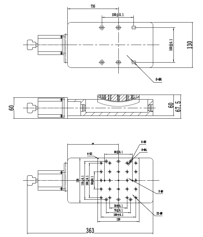 Mechanical Drawing of Motorized Goniometer Table, Table Size: 120 mm × 130 mm, Range of Travel: +/-10 Degrees