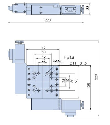 Mechanical Drawing of Motorized  Dual-axis Table, Range of Travel: 20 mm x 20 mm