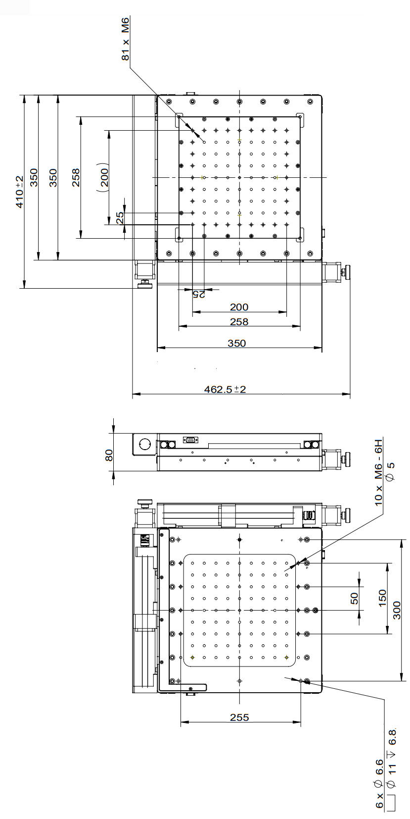 Mechanical Drawing of Solid Core Motorized  Two-axis Table, Range of Travel: 150 mm x 150 mm