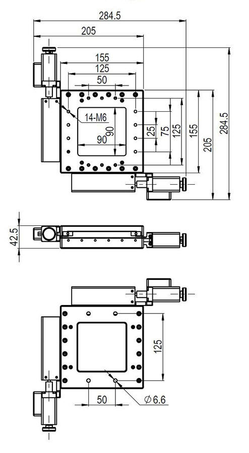 Mechanical Drawing of Motorized  Two-axis Table, Range of Travel: 50 mm x 50 mm