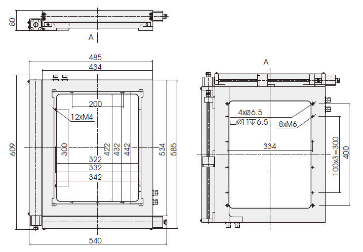 Two-axis Stage, Range of Travel: 200 mm x 300 mm, Aperture Size 222 mm x 272 mm 