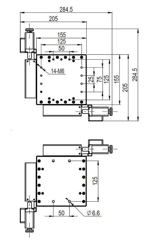 Mechanical Drawing of Solid Core Motorized  Two-axis Table, Range of Travel: 50 mm x 50 mm