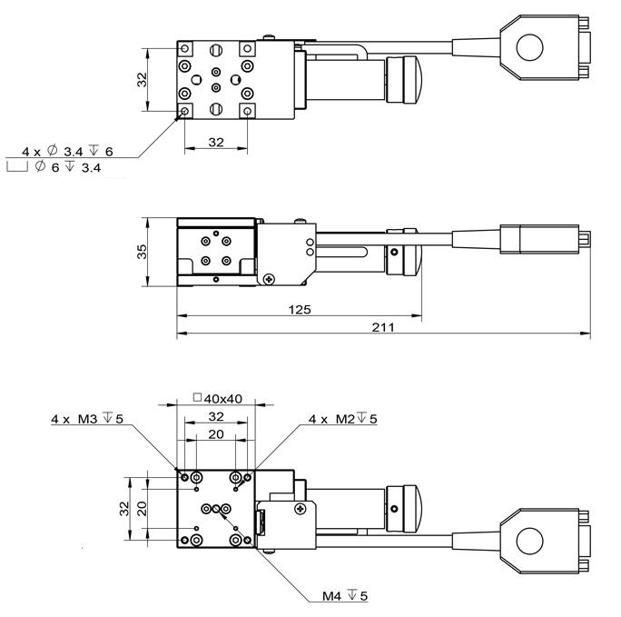 Drawing of Stepper Motor Driven Linear Single-axis Vertical Stage, Table Size 40 mm x 40 mm, Travel  : 6 mm