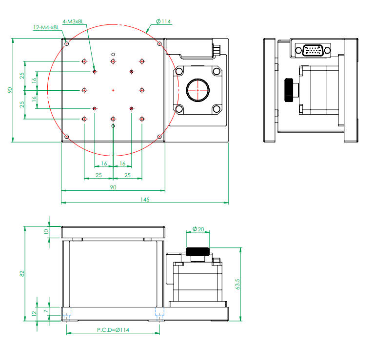 Mechanical Drawing of Motorized Linear Vertical Stage, Range of Travel 20 mm