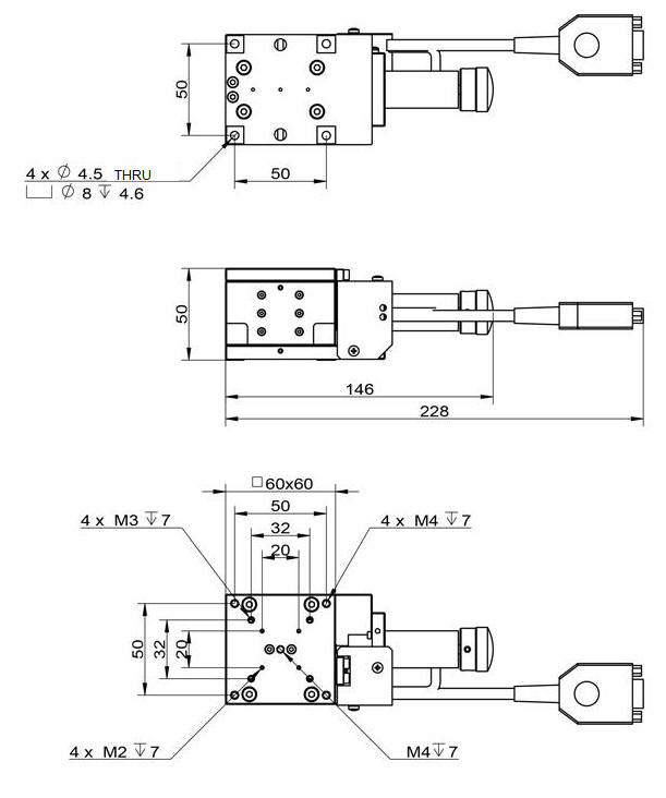 Drawing of Stepper Motor Driven Linear Single-axis Vertical Stage, Table Size 60 mm x 60 mm, Travel  : 10 mm