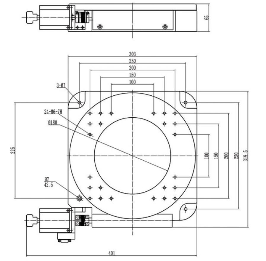 Mechanical Drawing of Hollow Core Motorized Rotation Stage, Stage Diameter: 11.811 in (300 mm)