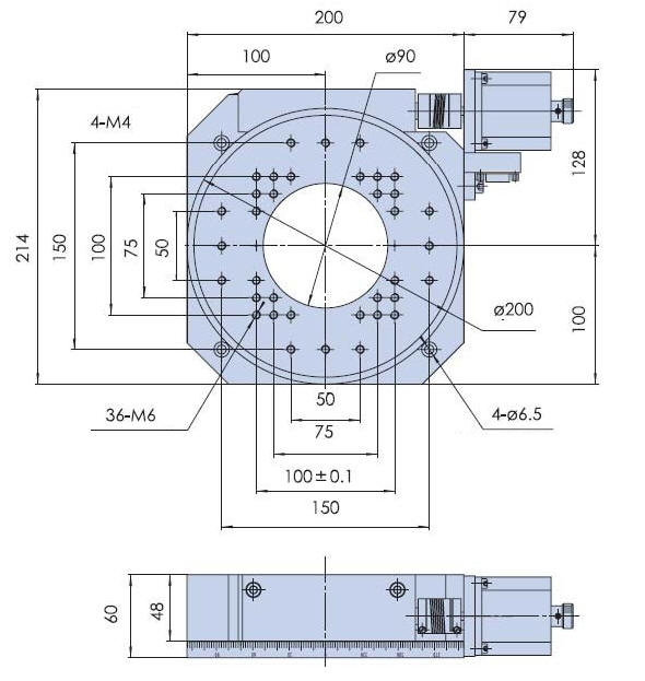 Mechanical Drawing of Hollow Core Motorized Rotation Stage, Stage Diameter: 7.874 in (200 mm)
